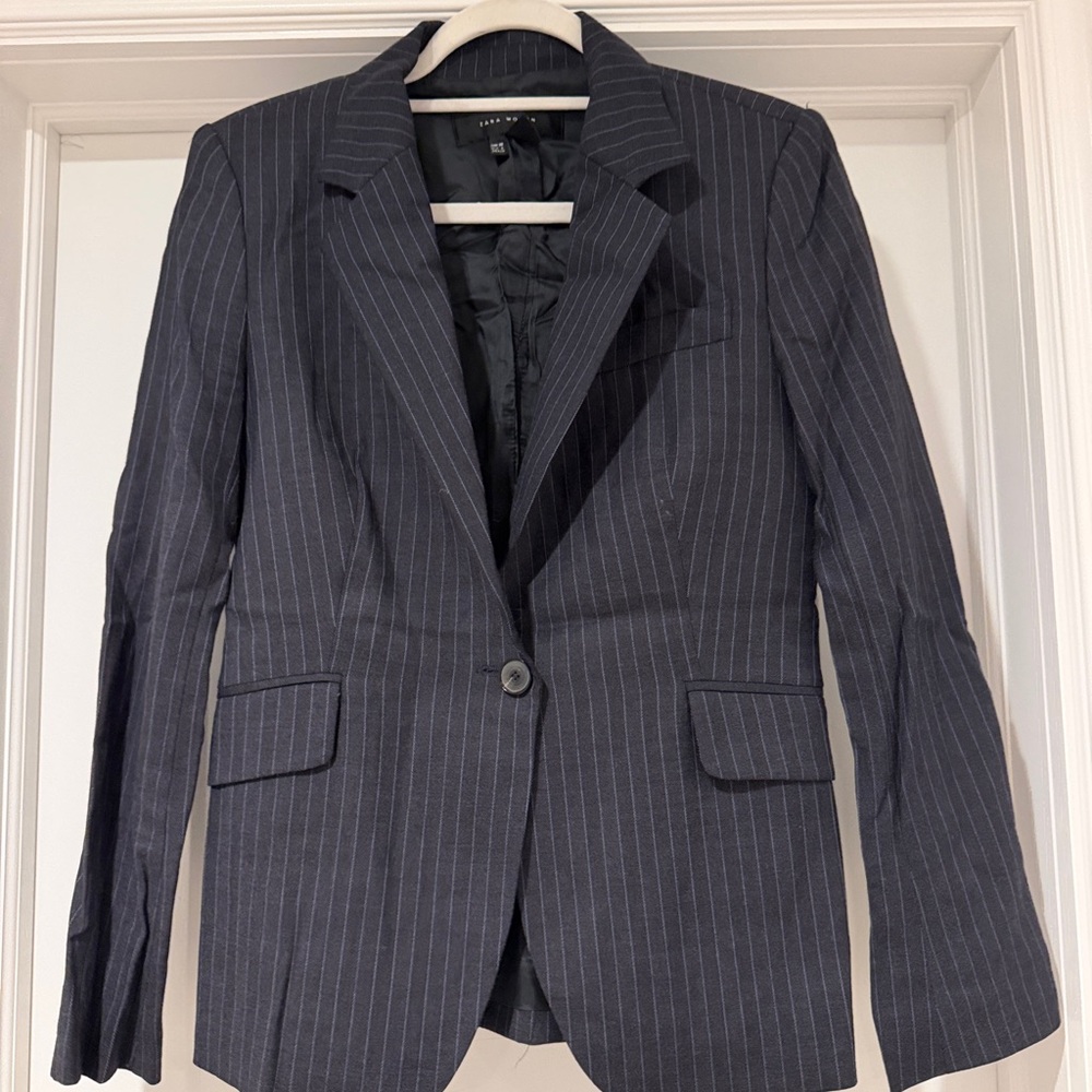 Zara Dark Navy Pinstripe Single-Button Blazer